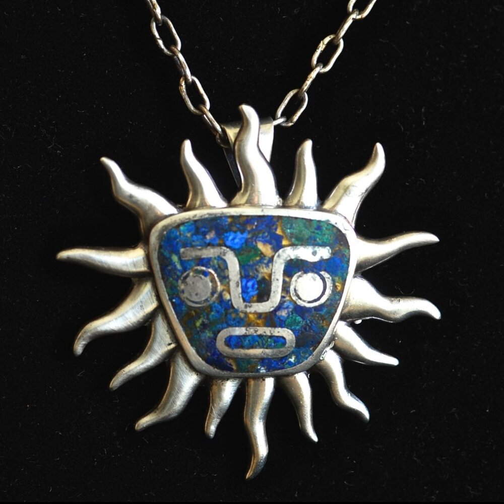 Miguel Melendez Sterling Silver Aztec Sun Necklace With Original Chain - Mexico